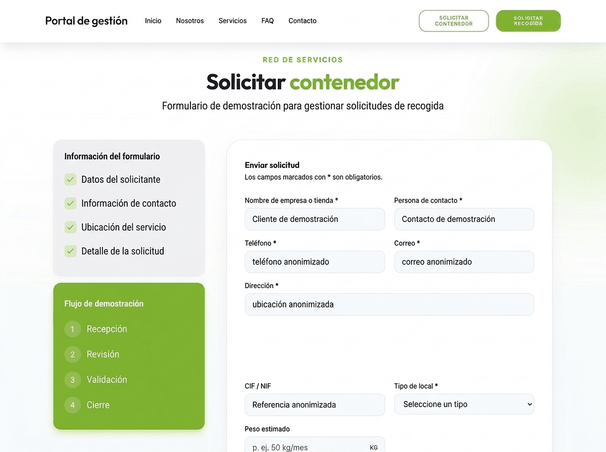 Formulario guiado para registrar materiales y datos de una recogida