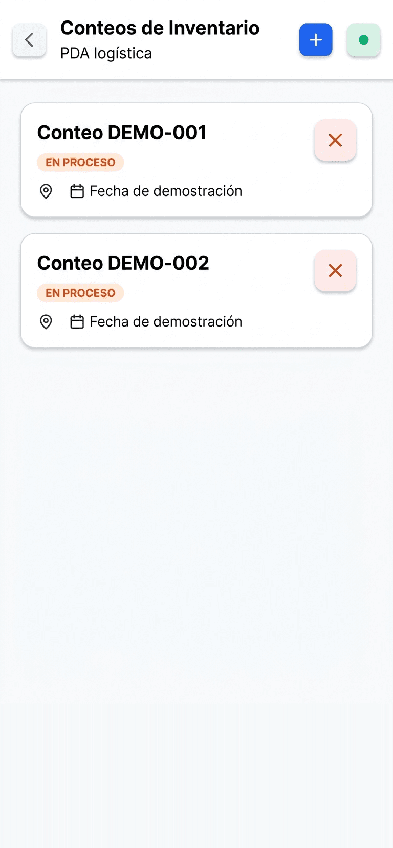 Listado de sesiones de conteo de inventario en la PDA
