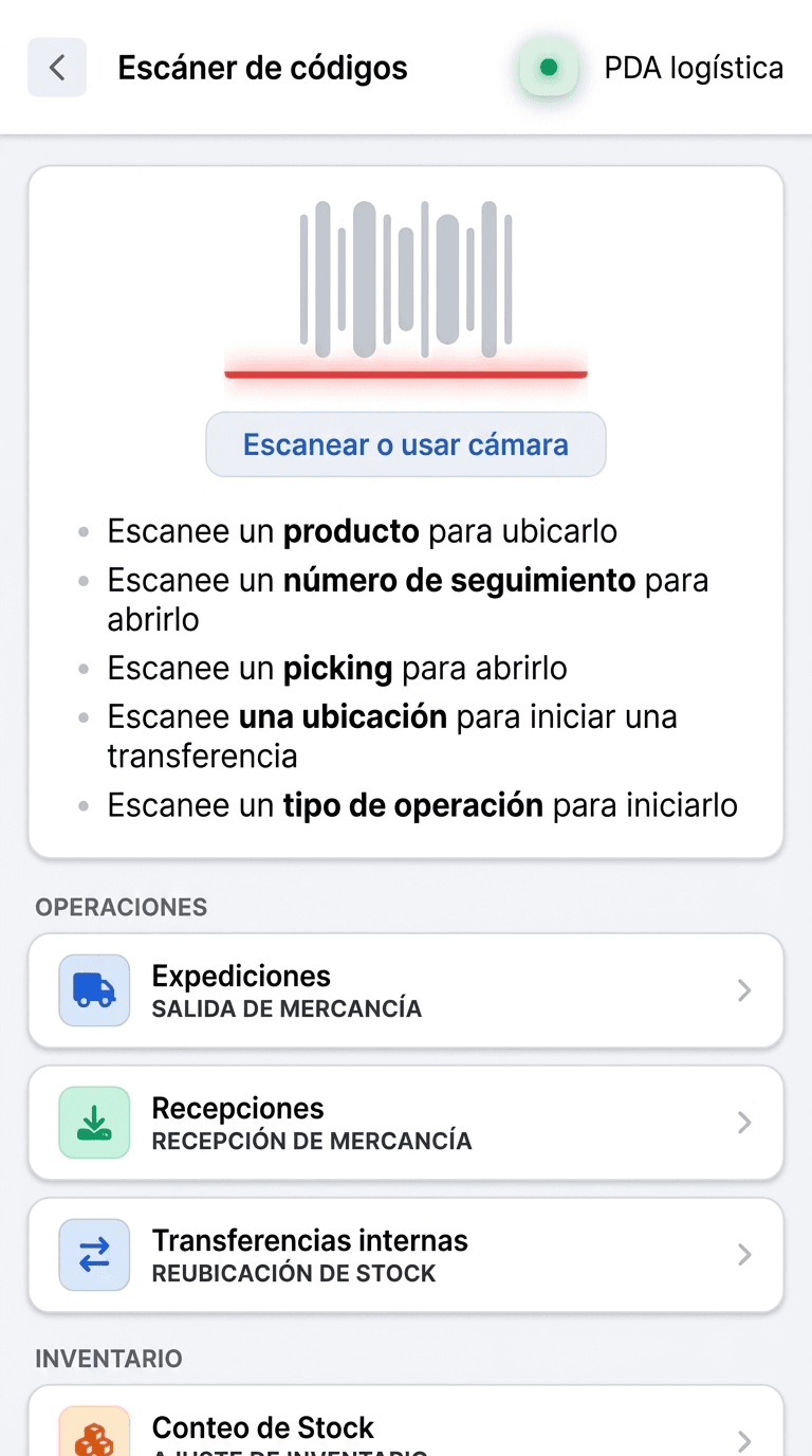 Pantalla de la PDA de almacén con el escáner de códigos activo