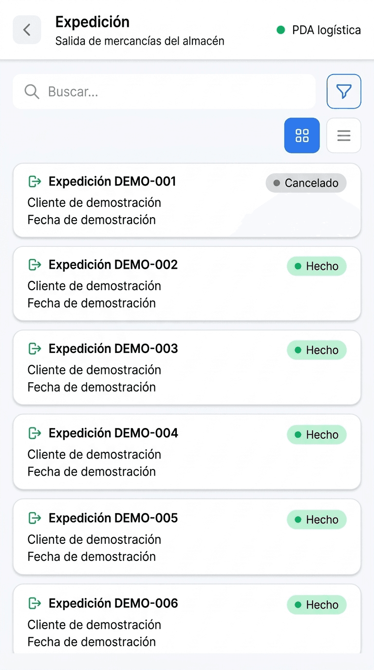 Listado de expediciones en la PDA de almacén