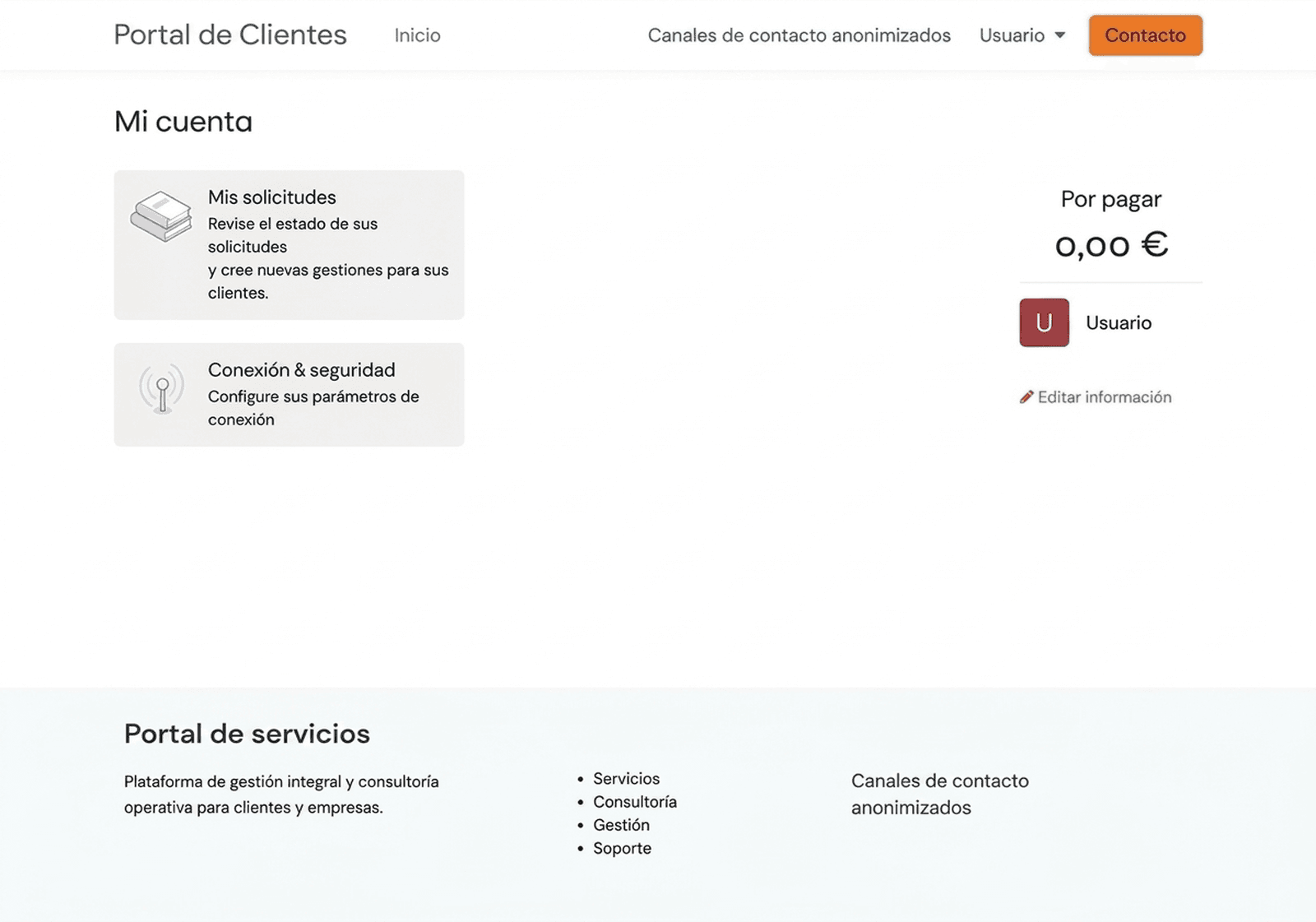 Área de cuenta de un portal energético con solicitudes y suministros