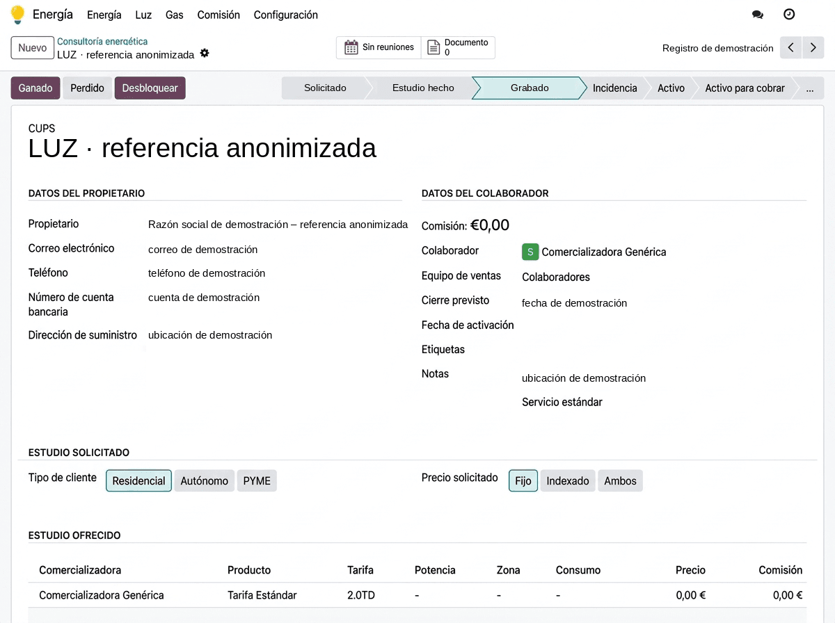 Detalle interno de un expediente energético con estados y datos asociados
